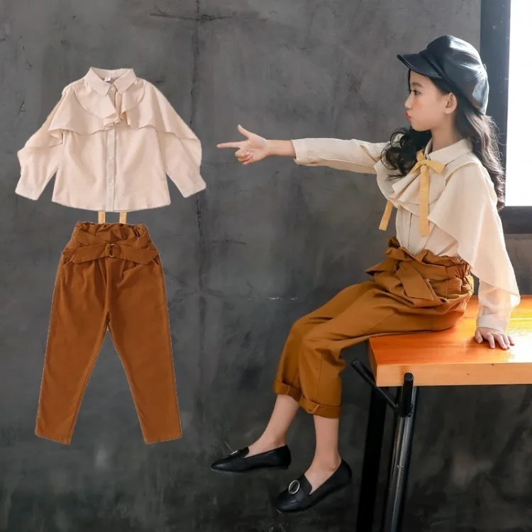 

Teenage Girls Clothes Set Spring Ruffles Long Sleeve Shirt + Pants 2PCS Girl Outfits Children Clothing 4 6 8 10 12 13 14 Year