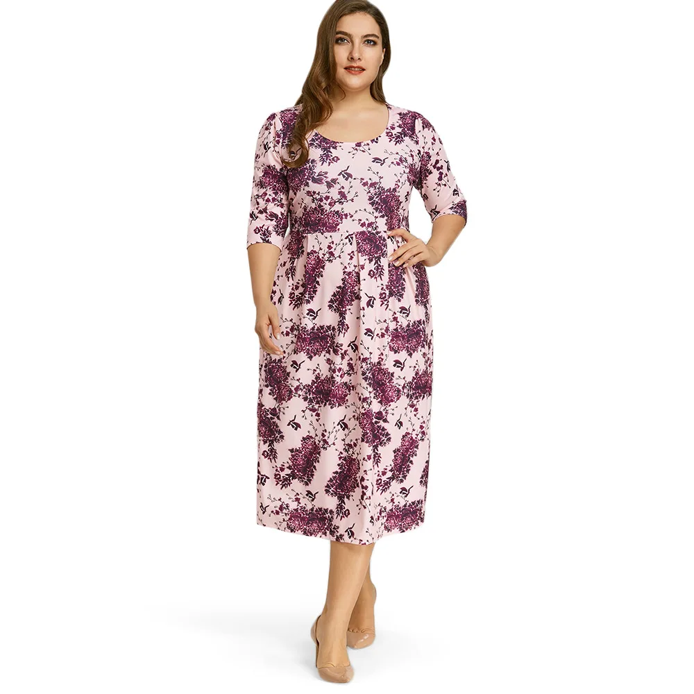 2019 Весна Женщины A Line Midi Dress Плюс Размер Цветочный Принт 3/4 Длина Рукава Осень