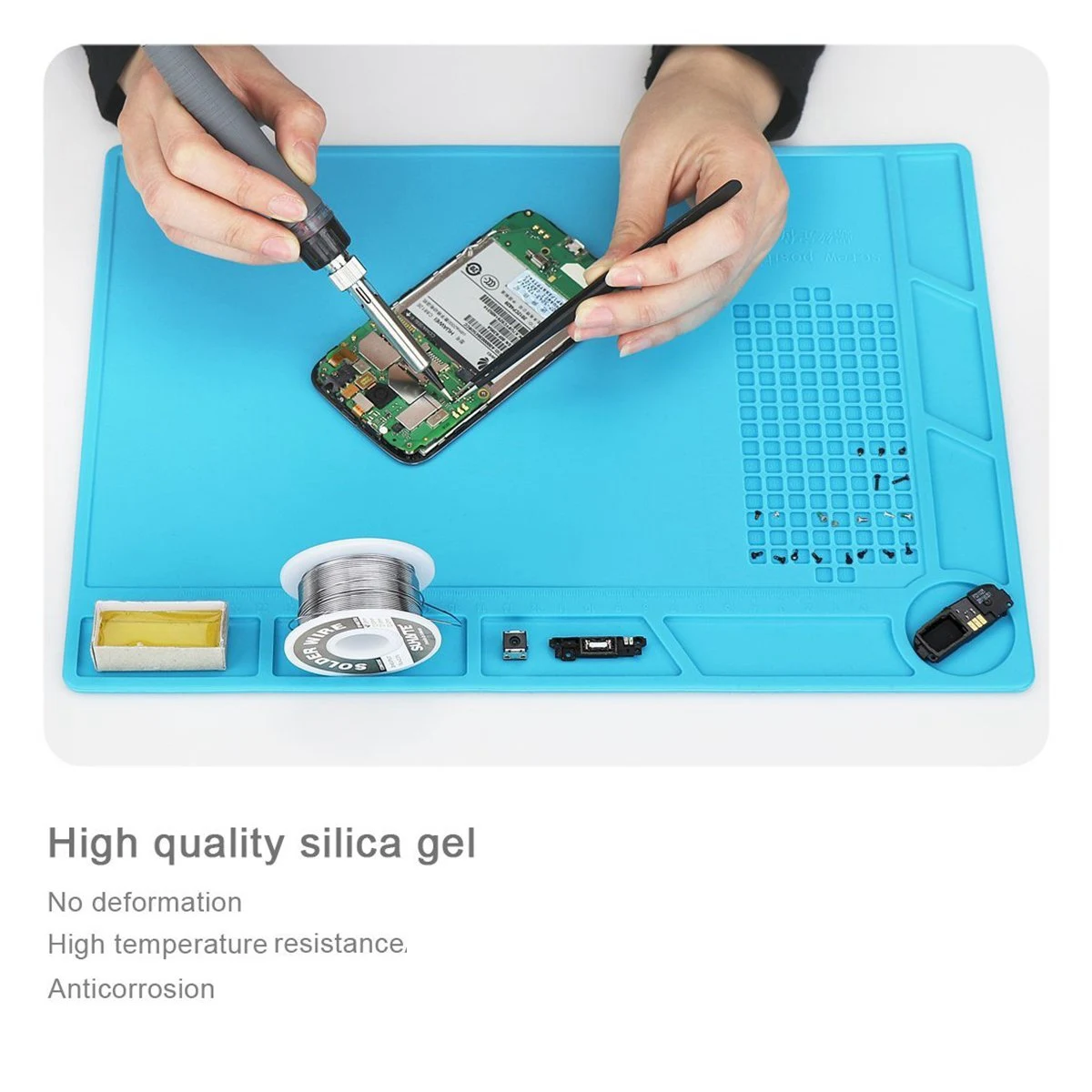Изоляционная подложка для пайки на высоких температурах, сварки и ремонта силиконовая столешница с шкалой и отверстиями для винтов.