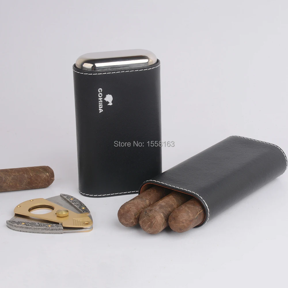 Кожаный чехол COHIBA с подкладкой из кедра 3 пальцами и серебристыми
