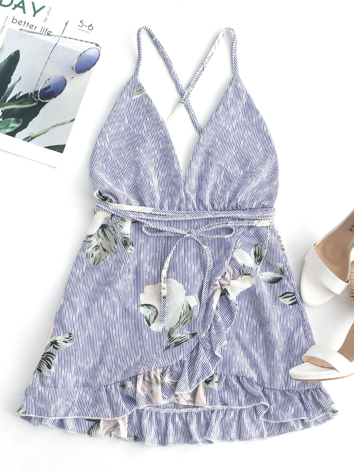 ZAFUL Floral Stripes Overlap Mini Dress Criss-Cross Ruffles V-Neck A-Line Spaghetti Strap Women Summer 2019 Vestidos | Женская одежда