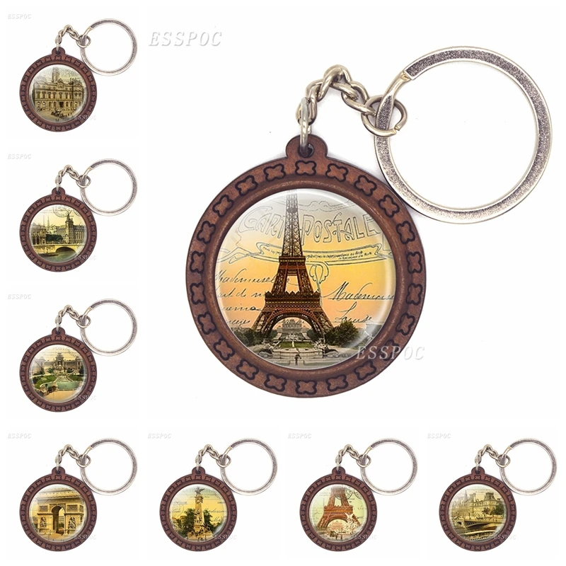 

Arc De Triomphe Notre Dame De Paris Eiffel Tower Art Wooden Keychain Glass Cabochon Jewelry Women Men Pendant Key Chain Gifts