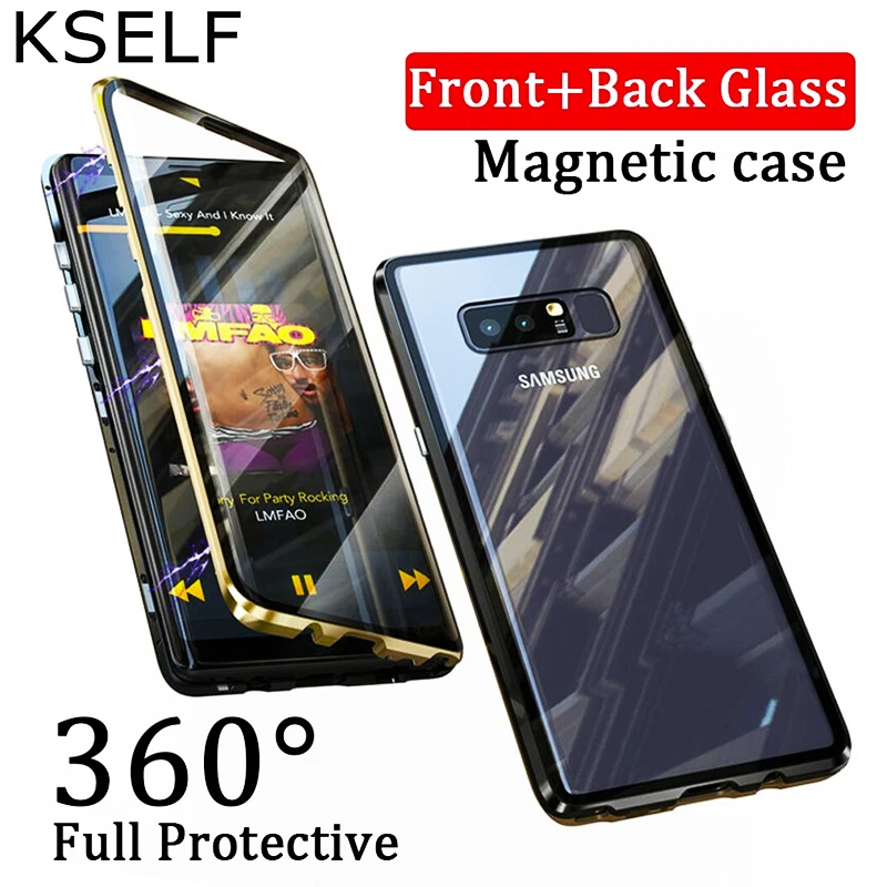 KSELF Металла Магнитный чехол для Samsung S9 S8 Plus Note 9 + закаленное Стекло назад магнит
