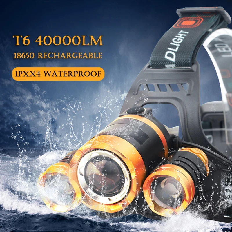 Светодиодный налобный фонарь T6 40000LM Lumen 18650 перезаряжаемый флэш светильник