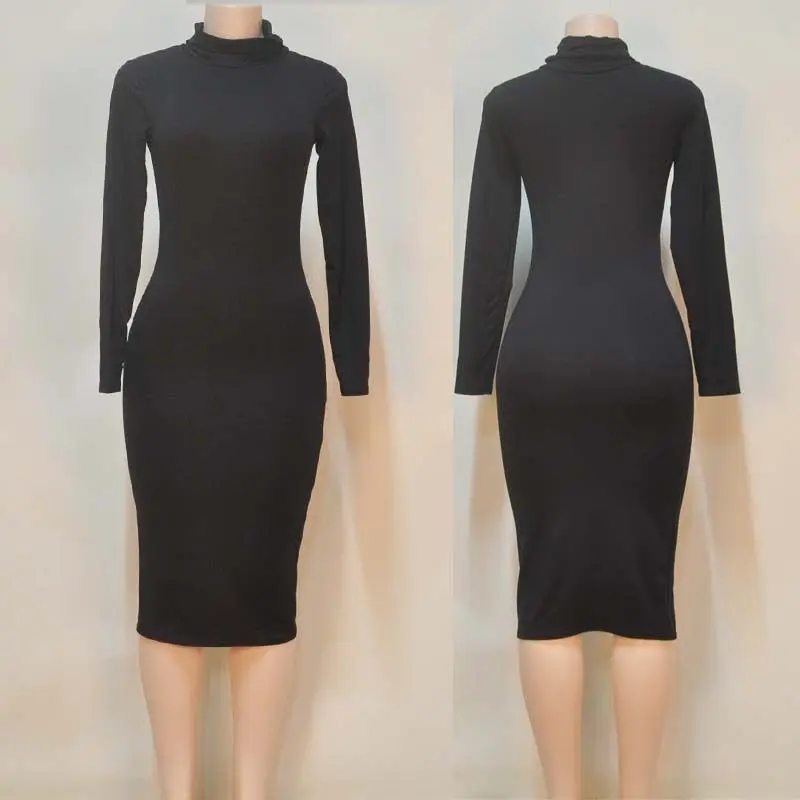 

Sexy women's long sleeve solid color dress bandage high neck elegant women's dress