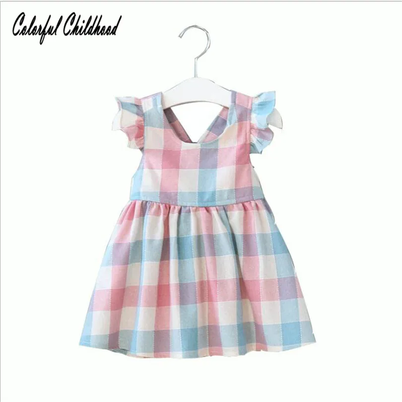 

Girls adorable plaid design dress flare sleeve sling strap cross baby girl lovely clothes casual party wear outwearsleevess 1-5Y