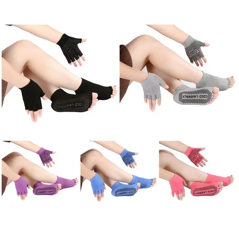 

2019 New Yoga Nonslip Gloves Full Finger Socks Suit Pure Cotton Socks Sweat Absorbing Sports Skin-friendly Fabric Soft Toe Socks