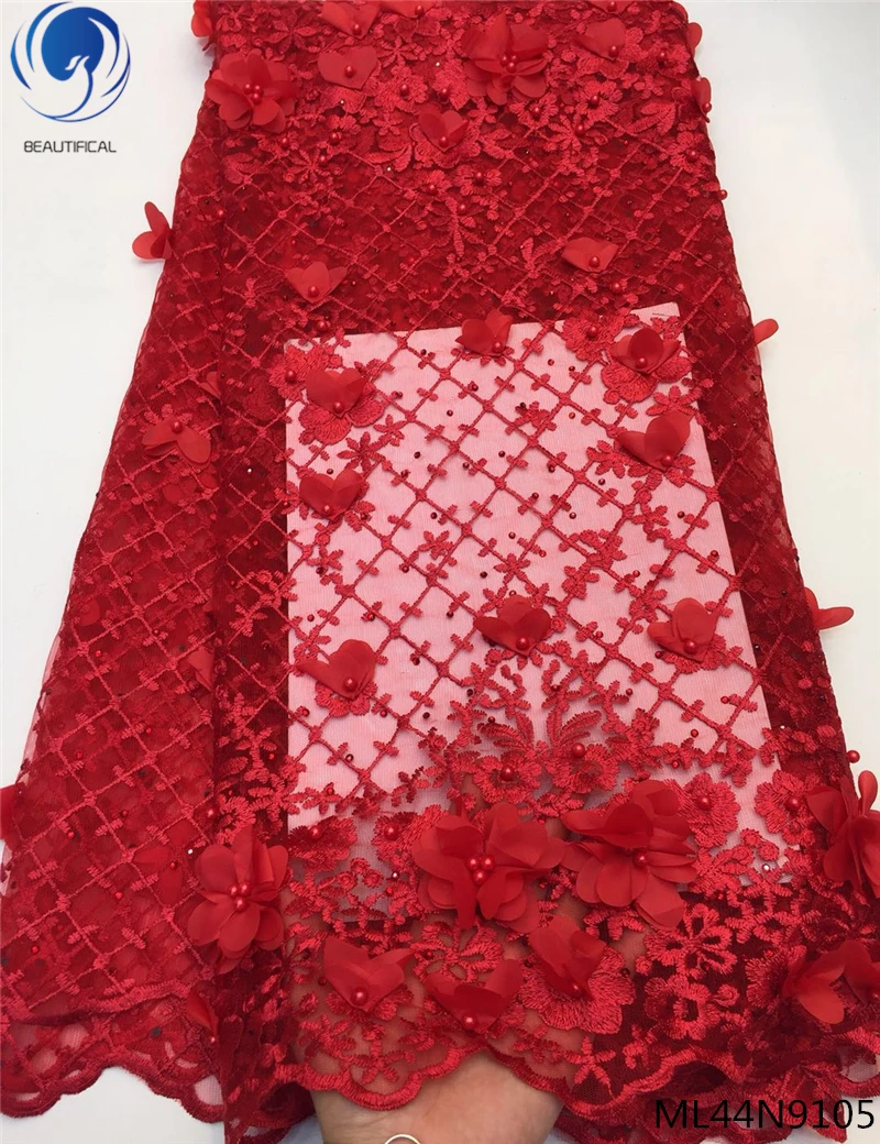 Красивый красный бисер Тюль Кружева африканская 3d чистая кружевная ткань с