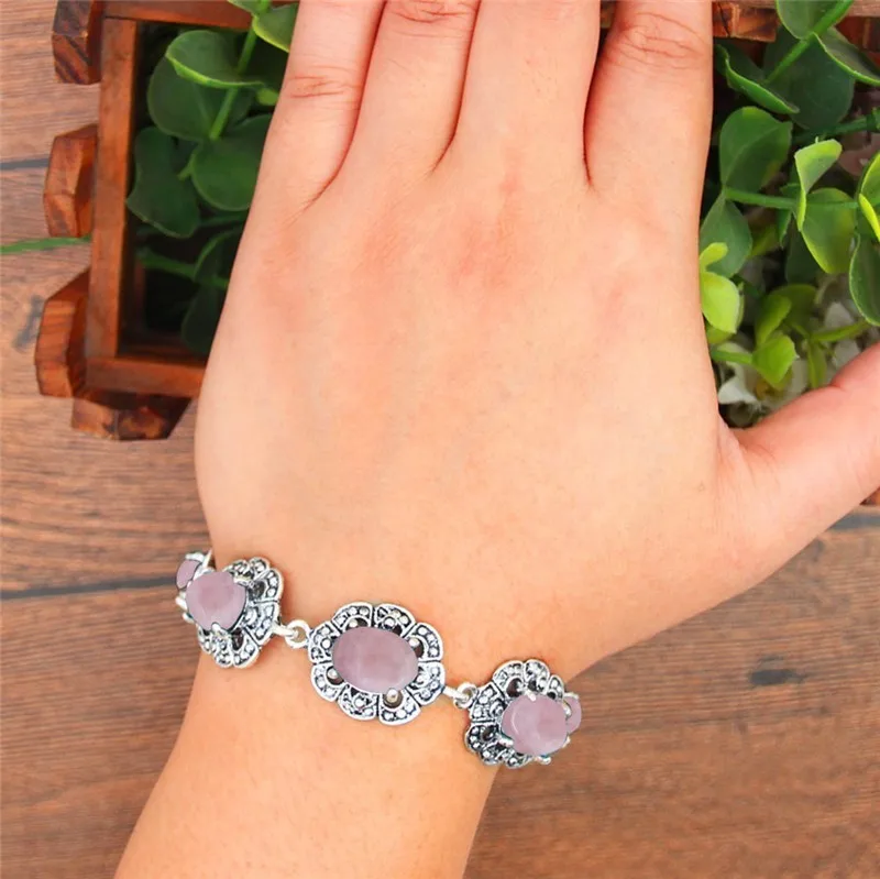 Oval Natural Quartz Stone Crystal Bracelet Vintage Look Antique Silver Plated Fashion Jewelry For Woman TB348 | Украшения и