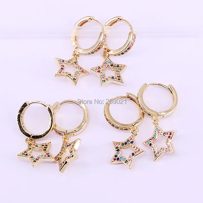 

6Pair New Fashion Rainbow multi color cz paved star Cute/Romantic dangle earring Gold color fashion girl women jewelry