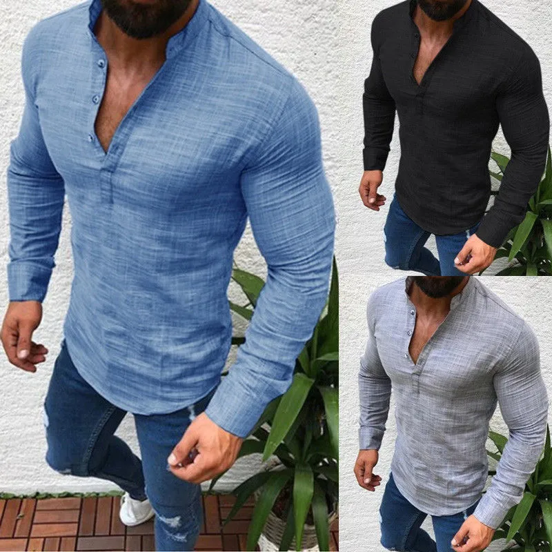 

Men's Slim Fit V Neck Long Sleeve Muscle Tee T-shirt Casual Tops Linen Shirts Plus Size M L XL 2XL 3XL