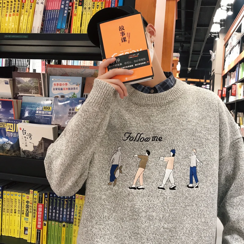 Свитер мужской с круглым вырезом модный Свободный пуловер рисунком персонажа
