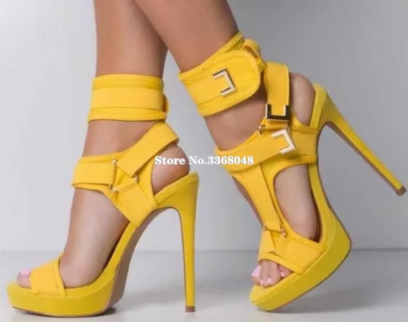 

2019 New Fashion Chunky Heels Platform Sandals Woman Metal Buckle Strap Yellow Burgundy Pumps Hollow Out Catwalk Banquet Shoes