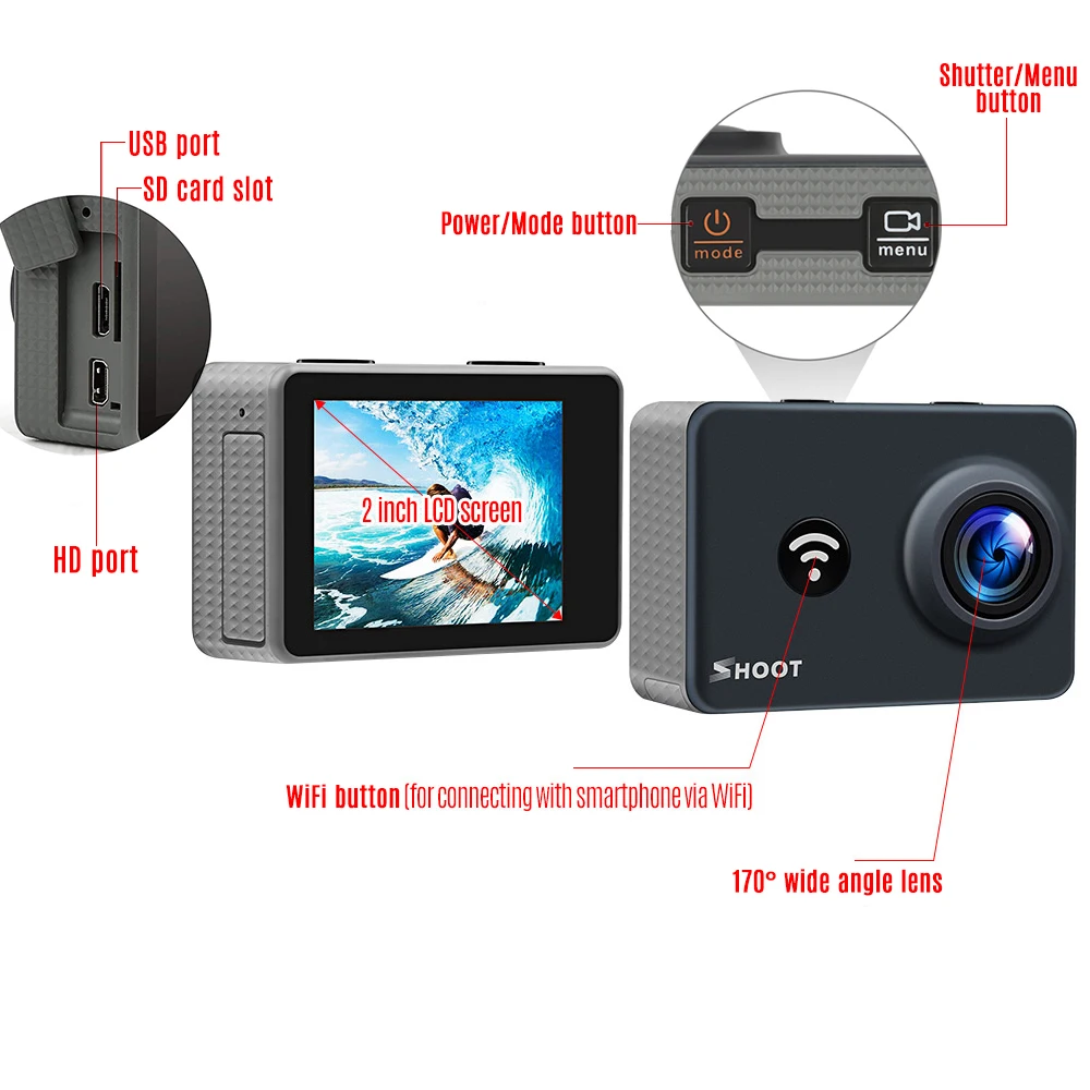 Экшн камера SHOOT 4K Wi Fi 1080P 14MP Спортивная угол обзора 170 градусов 2 &quotЖК экран с