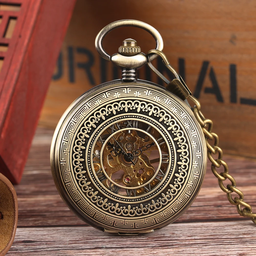 Bronze Carved Pocket Watch for Men Mechanical Movement Boys Golden Frame Hollow Roman Numeral Watches | Наручные часы
