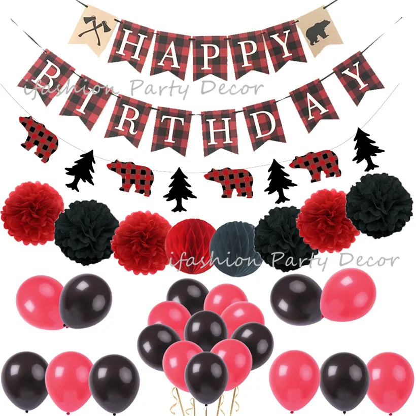 

Birthday Lumberjack Party Banner Woodland Themed Garland Balloons Paper Pom Poms for First Birthday Party Baby Shower Decoration