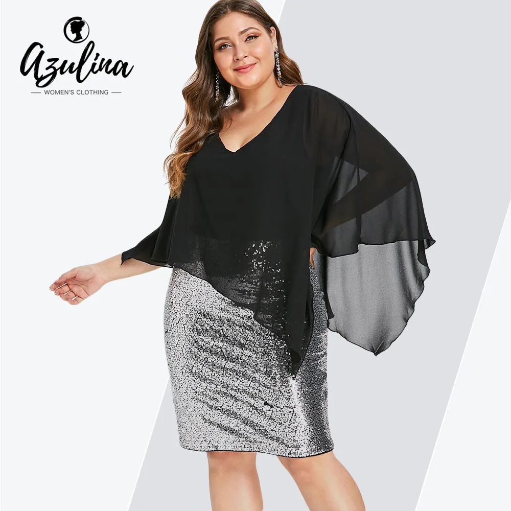 Rosegal плюс размер шифоновая накладка Sequin свободное платье женское облегающее с v