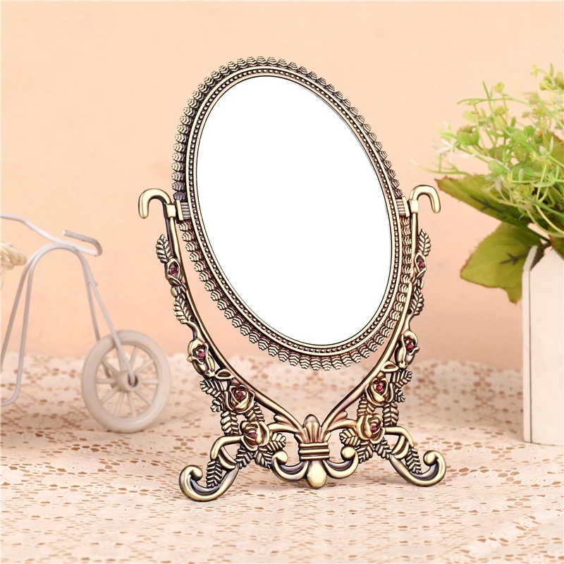 double-face retro bronze copper foldable alloy metal table makeup dresser desktop cosmetic decorative mirror embossed frame |