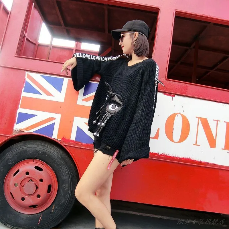 QING MO Women Big Eye Decorate Tassel Sweater 2018 Autumn Flare Sleeve Pullover Loose Letter Ribbon DQ005M | Женская одежда