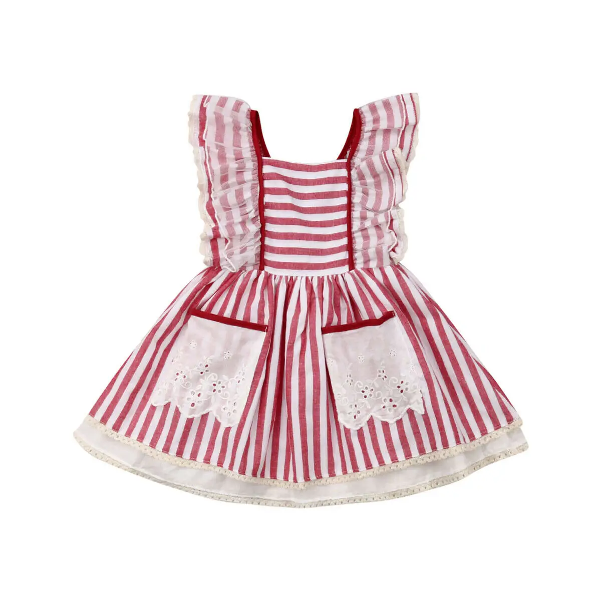 Летняя детская одежда для девочек с оборками без рукавов кружевом в полоску