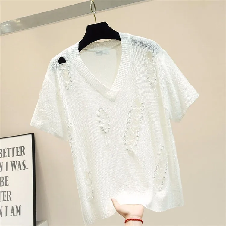 

2019 summer loose hollow out sequins short sleeve t shirt women Ice silk knitted tops 2colors