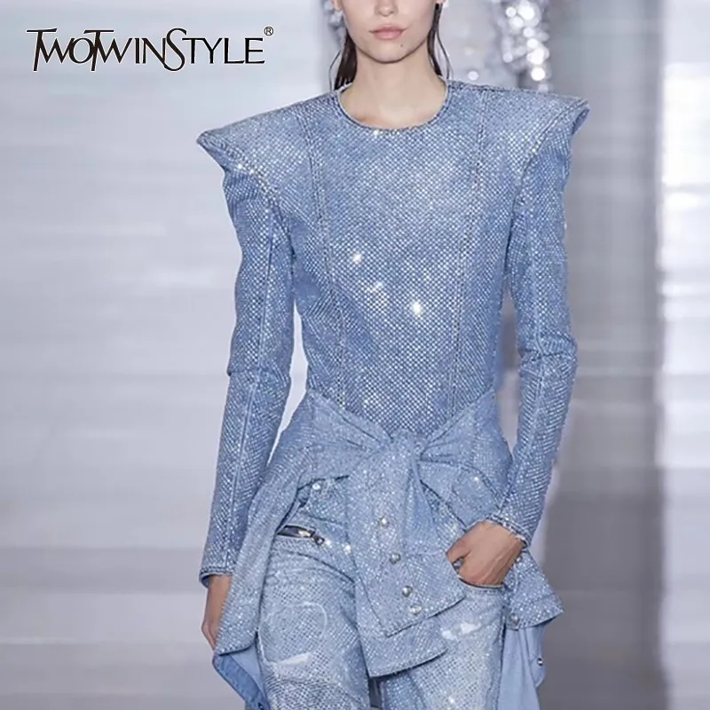 TWOTWINSTYLE джинсовое пальто с бриллиантами топы для женщин длинный рукав молния