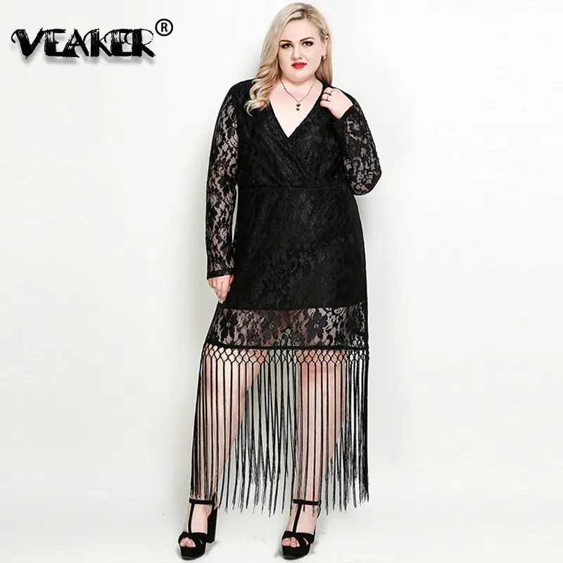 

Женское кружевное платье с длинным рукавом, черное платье с v-образным вырезом и кисточками, весеннее свободное платье большого размера 7XL, 2019