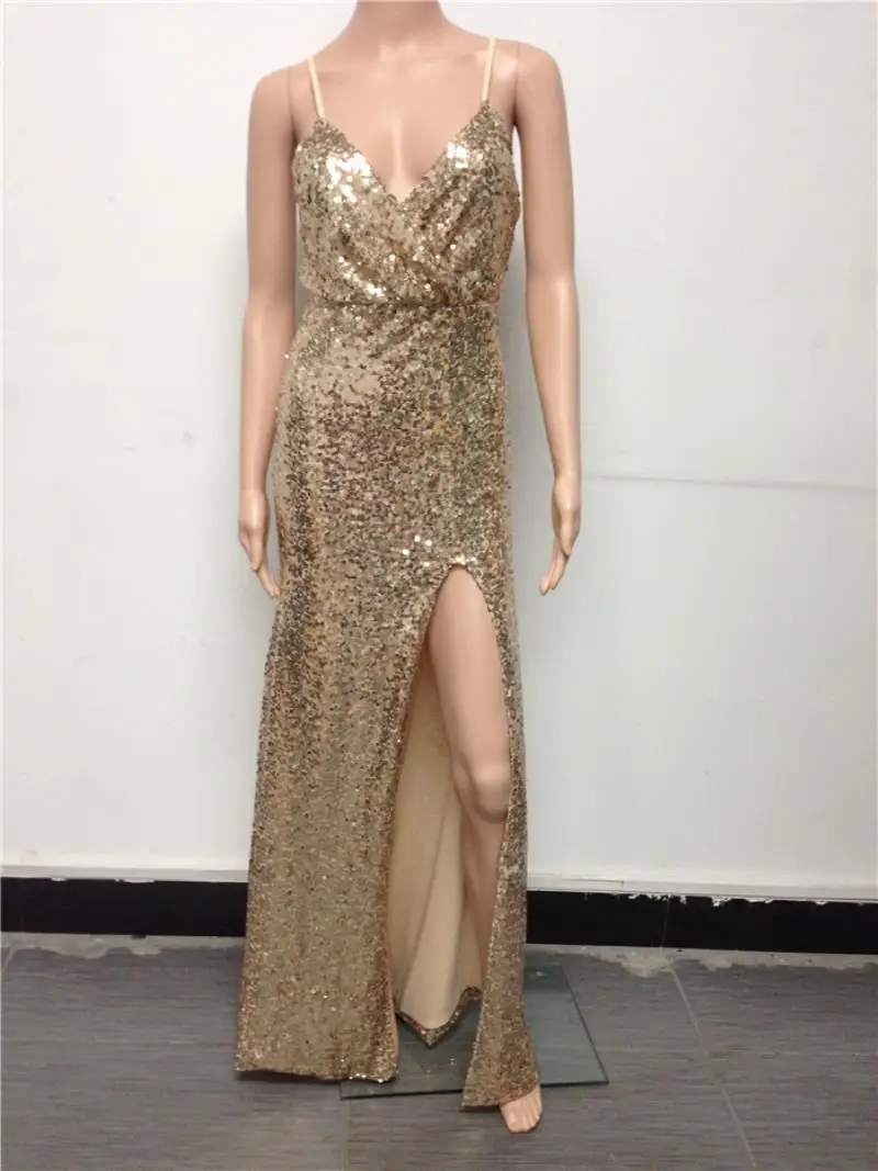 

Gold Sequin High Split Maxi Dress Sexy Chic Night Club Shining Evening Strap Party Dress Women Long Slit Sequined Sling Dresses