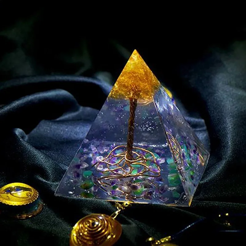 AURA REIKI Orgonite Tree Of Life Natural Mineral Crystal Change Fortune Pyramid Reiki Stone Resin Craft
