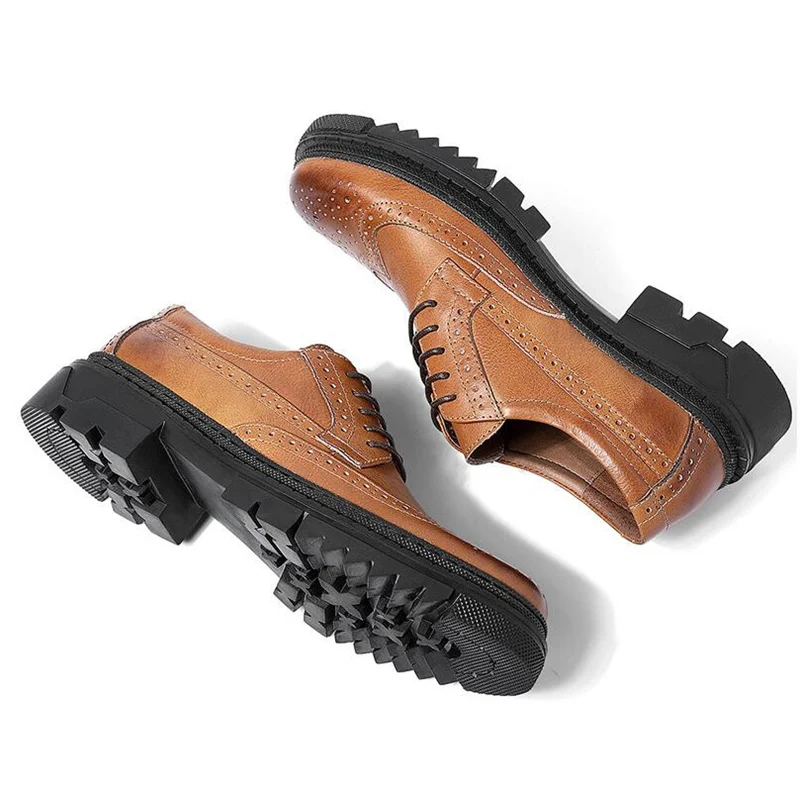 US Size British Style Carving Oxfords Man Thick Heel 4cm Genuine Leather Brogue Shoes Business Hight End Trendy | Обувь