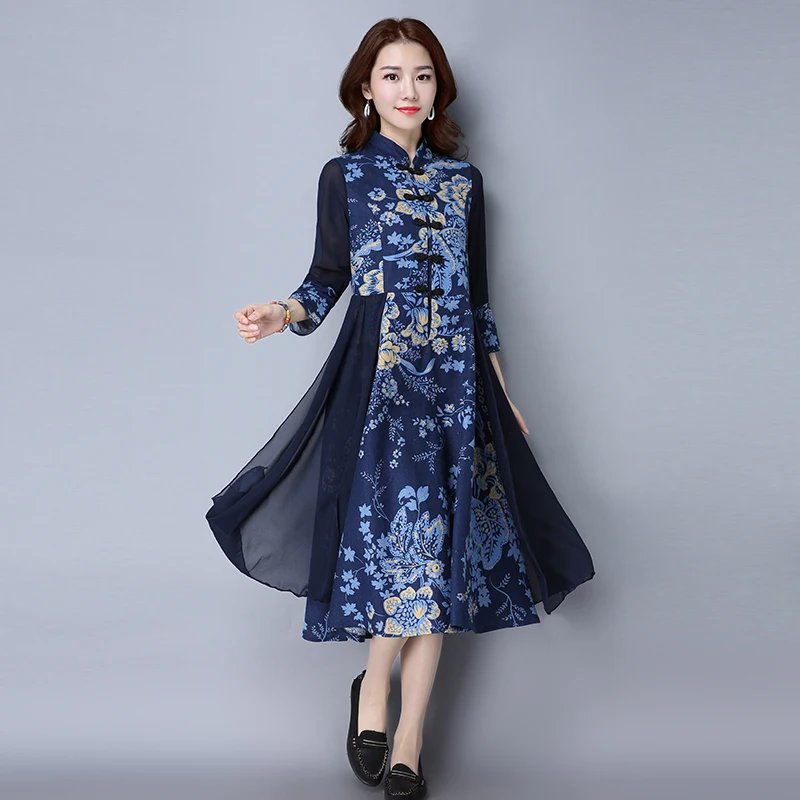 Китайский Стиль леди Qipao Robe Одежда Новый Демисезонный Для женщин Цветочный принт