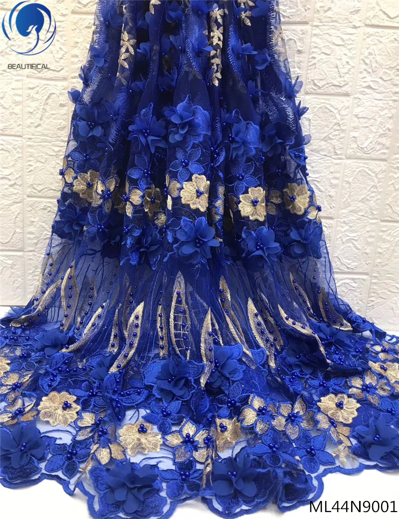 Красивая Африканская сеть кружева 3d цветок с бисером синий французский вышивка 5