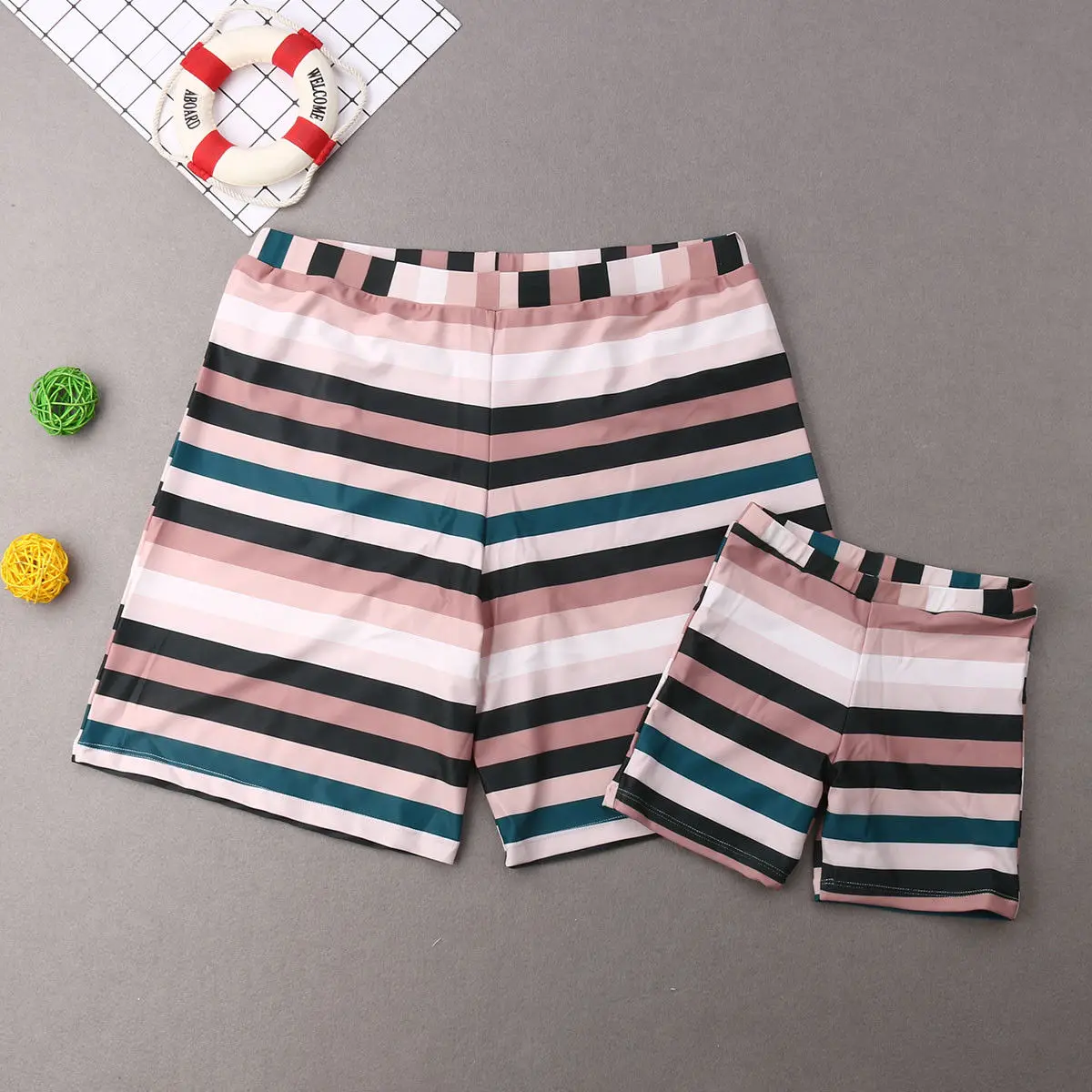 Family Matching Swimwear Mother Father Daughter Boys Off Shoulder Ruffles Stripe Bikini Sets Swimsuit | Мать и ребенок