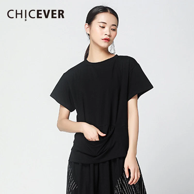 Женская футболка CHICEVER Однотонная с круглым вырезом и коротким рукавом