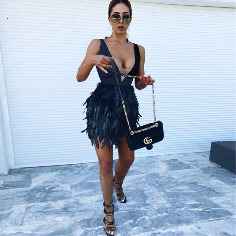 Clubdolls сексуальное облегающее платье украшенное перьями V шеи перья сексуальные