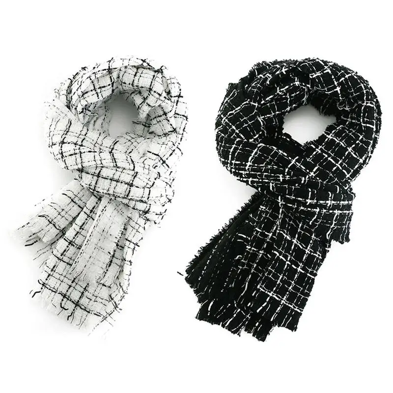 2018 модный стиль знаменитостей черно белый клетчатый шарф с бахромой Женский