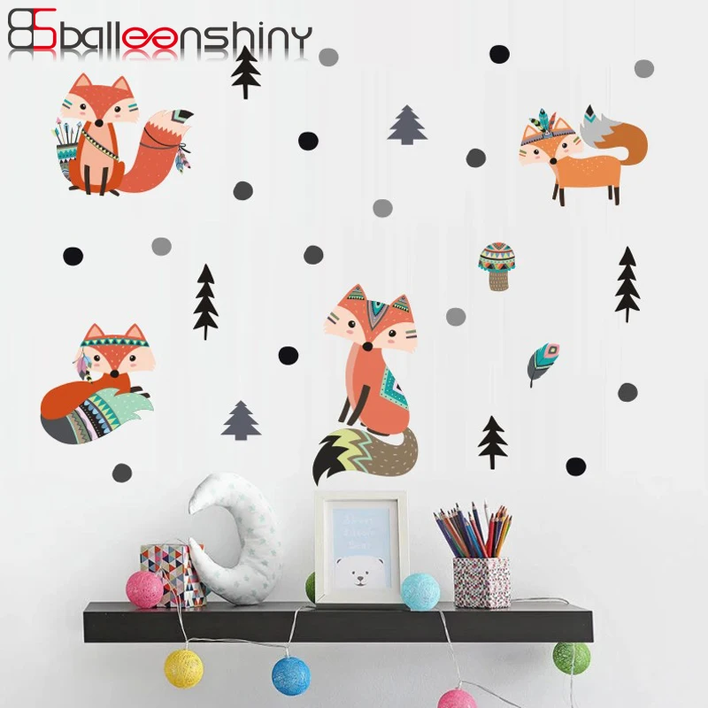 

BalleenShiny Cartoon Fox Pine Trees Wallpaper Nordic Style Living Room Kids room Nursery Mural Decals Cabinet Door Sticker