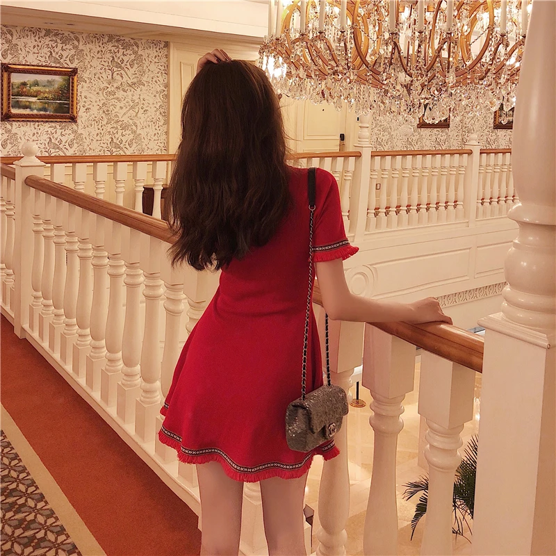 Lychee для девушек офиса леди стильное с кисточками ТРАПЕЦИЕВИДНОЕ ПЛАТЬЕ круглый