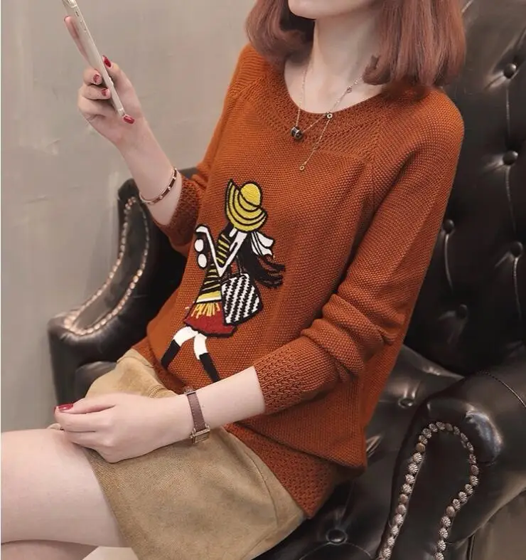 Зимние длинные рукава вязаный женский свитер-пуловер свободные Круглый воротник