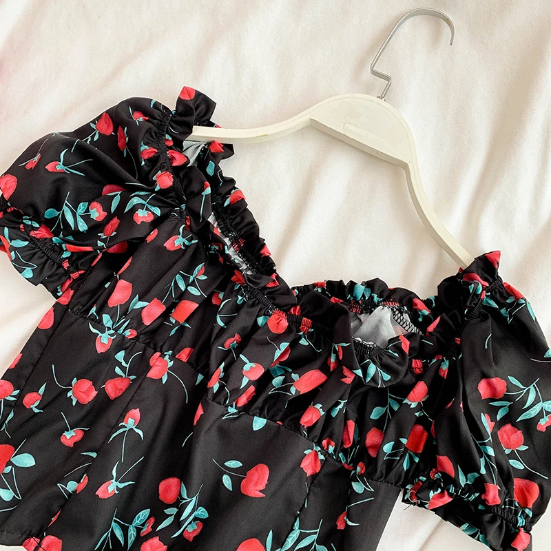 2019 Новая модная женская блузка с вишневым принтом v образным вырезом пышными