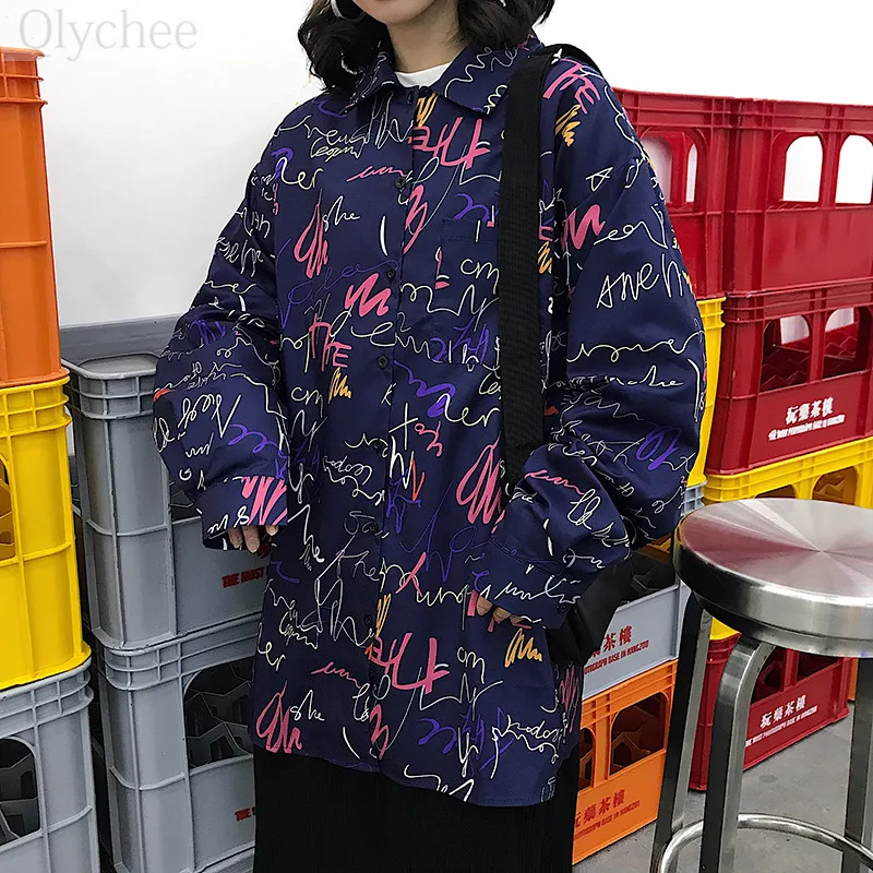 Qlychee Harajuku Colorful Letter Print Women Blouse Shirts Long Sleeve Casual Loose Female Tops |