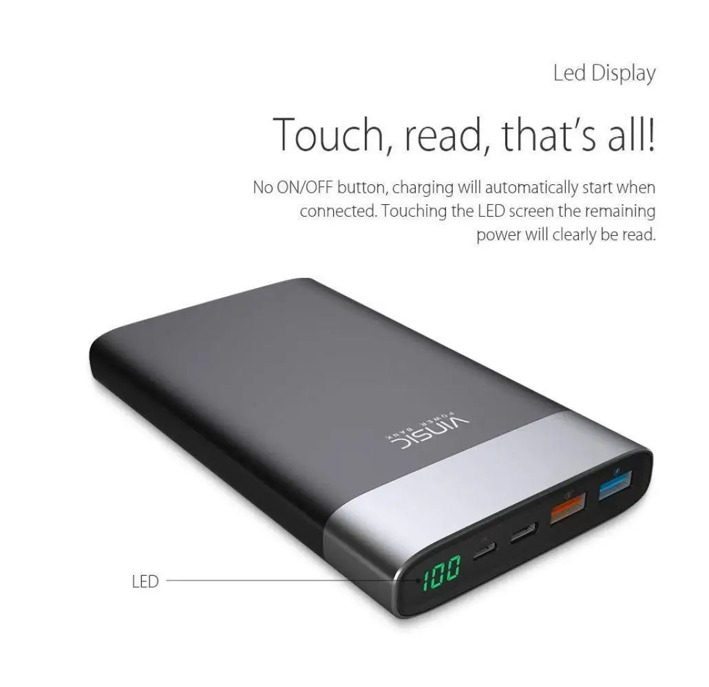 Vinsic 20000 мАч запасные аккумуляторы для телефонов Quick Charge повербанк тип c Dual USB