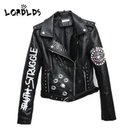 lordxx black graffiti leather jacket women 2019 new spring punk moto coat cropped faux jackets with belt
