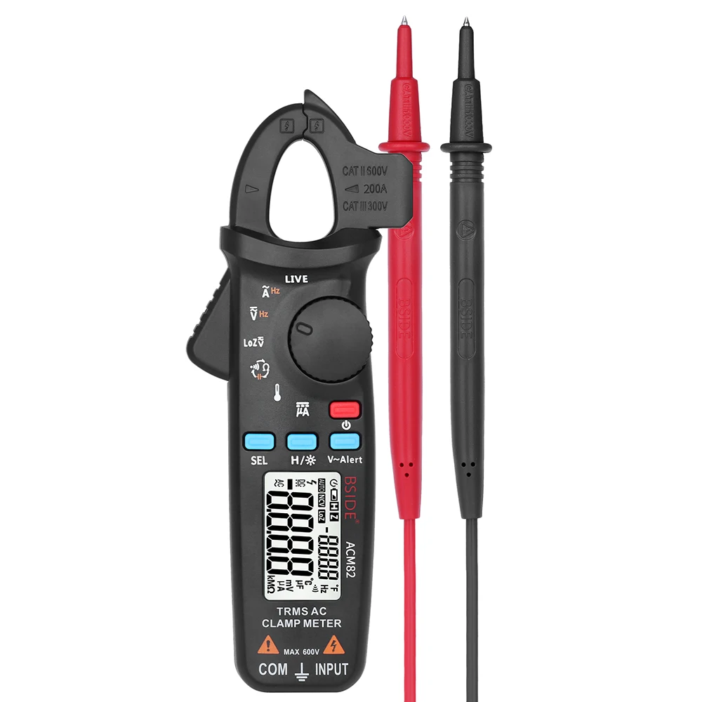 Bside ACM82 Digital True RMS Mini Clamp Meter Auto Range 0.001A Current Test Hz Temp Ohm uF V-alert Live Check with Pocket Clip |