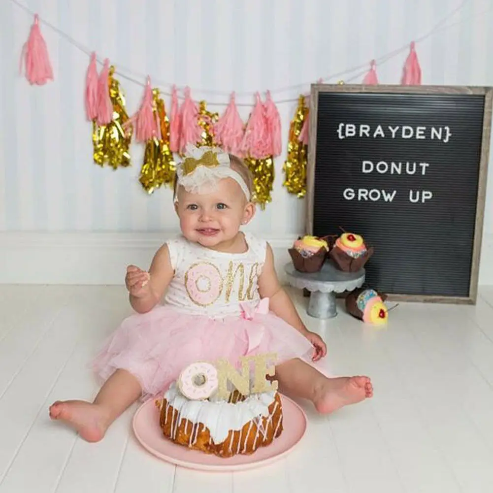 One Baby Girls Donut Birthday Dress Rompers Tutu Dresses Headband Outfit Clothes Set 0-3T Sleeveless and Long sleeve