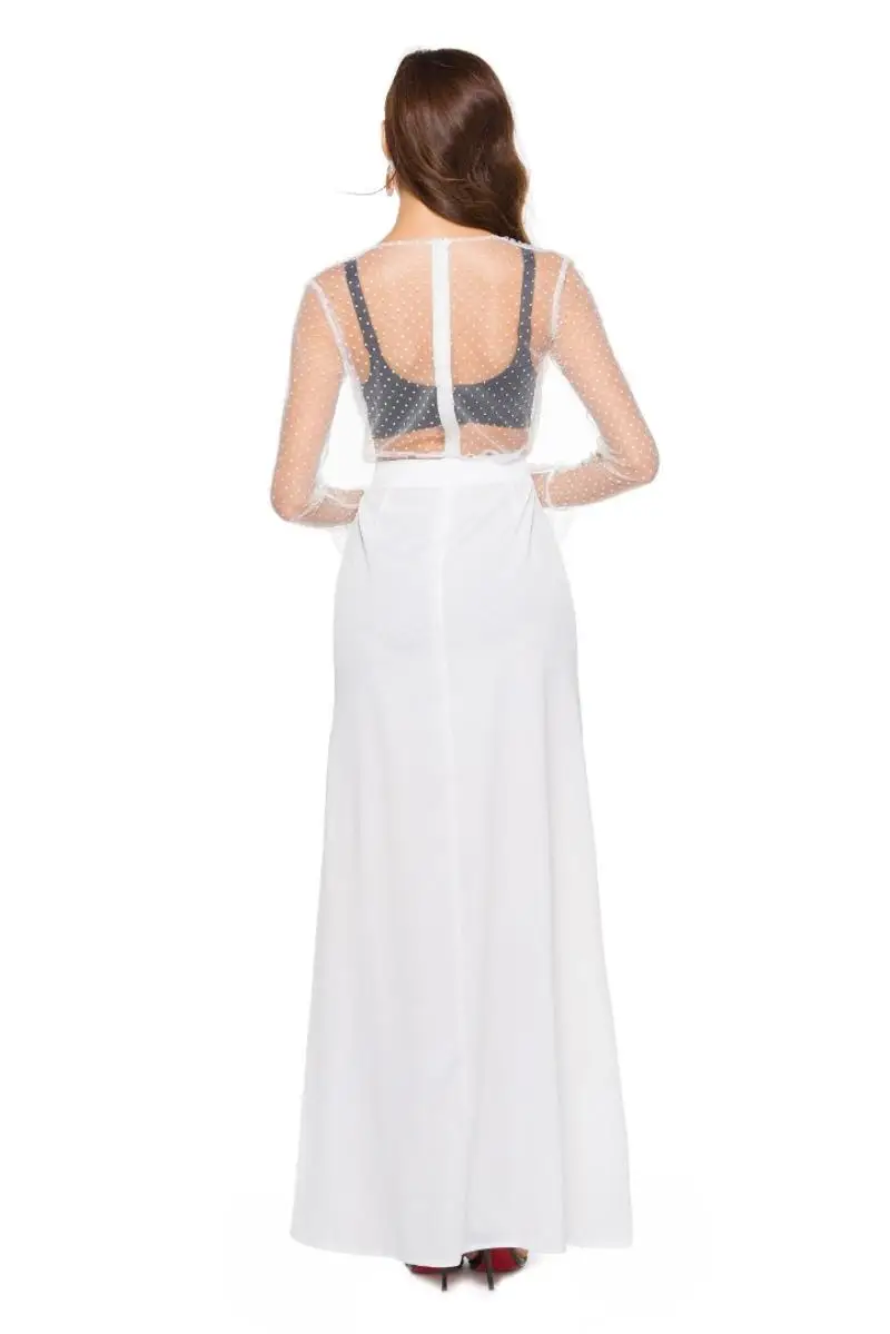 

New lady V-neck 2-piece long-sleeved flare sleeve mesh lace dress & white split skirt evening party dresses vestidos
