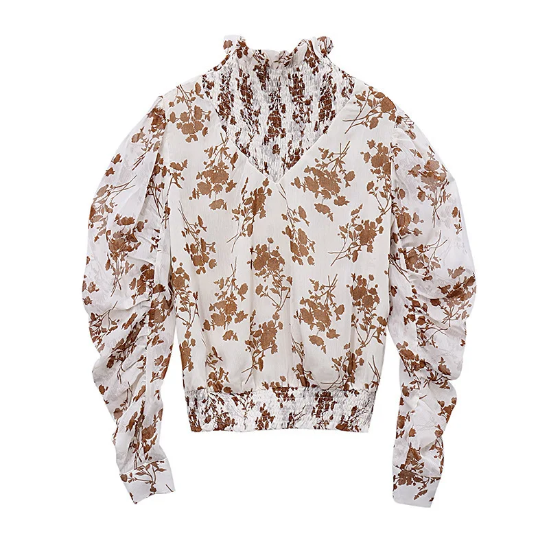 2019 New summer Pattern Fashion Embrace Horn long Sleeve Printing Chiffon Shirt womens tops and blouses print floral elegant |
