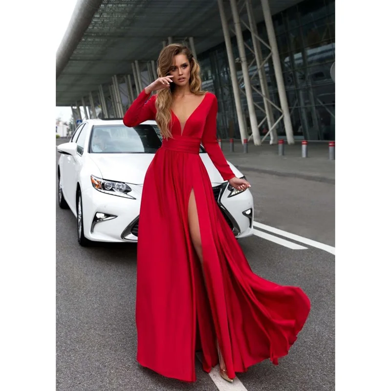 Women's Autumn Long Sleeve V-Neck Maxi Split Dress Evening Party Beach Solid ColorSundress | Женская одежда