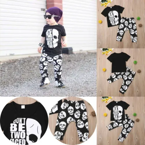 2019 Brand 2pcs Kids Baby Boys Skull Clothes T-shirt Tops Long Pants Trousers Outfits Set Summer Cool Cotton Clothing |
