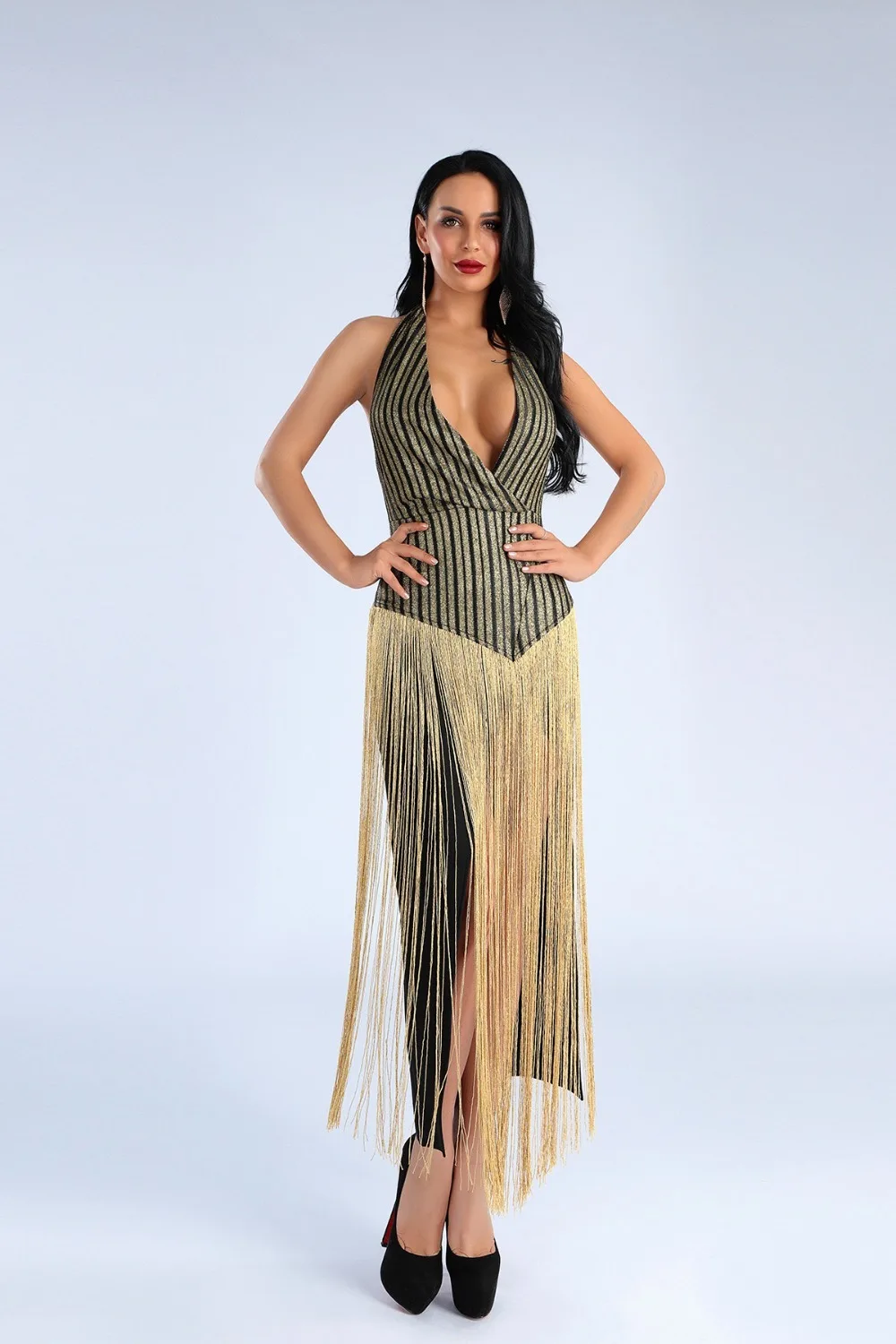 High Quality Black Sleeveless Tassel Bodycon Rayon Bandage Dress Evening Party Sexy Dress